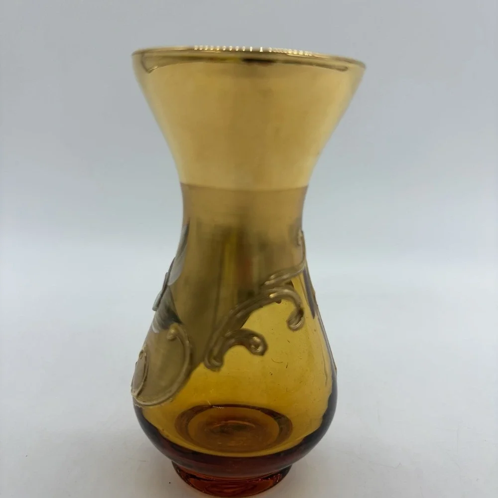 Vintage Venetian VR Italy Amber Glass Mini Vase Hand Painted Floral Gold Gilt 4